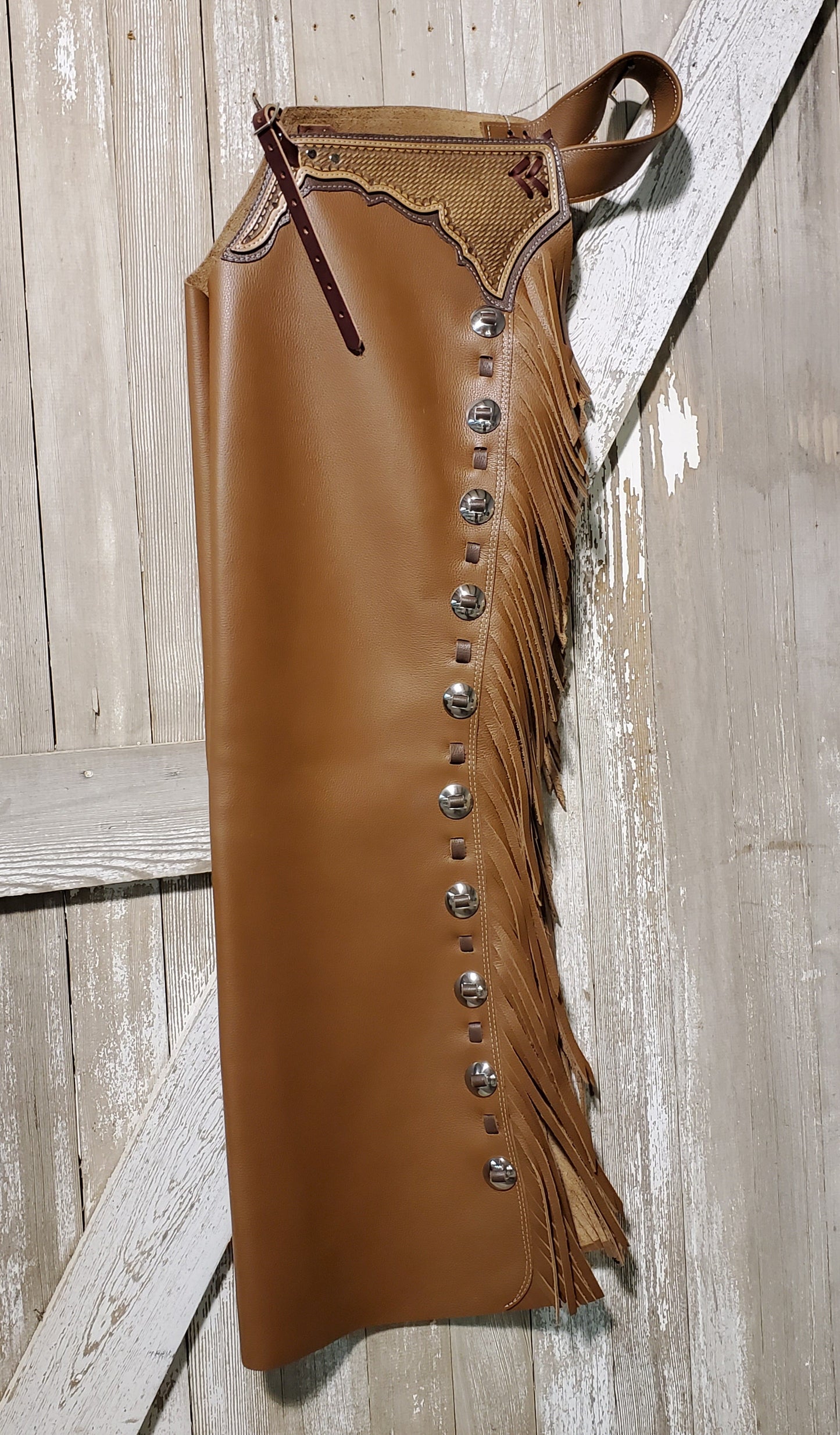 Shotgun Chap with Fringe Stainless Steel Conchos